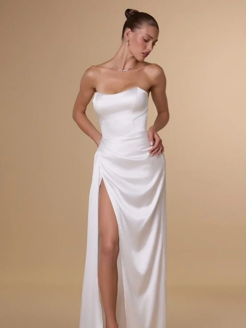 New Off White Wedding Long Satin Gown w/ Sheath Cut & Shiny Finish CD T215W